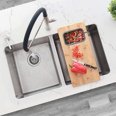STYLISH 18 inch Kitchen Sink Bamboo Cutting Board set with 1 Collapsible Container - 18" x 8.5"
