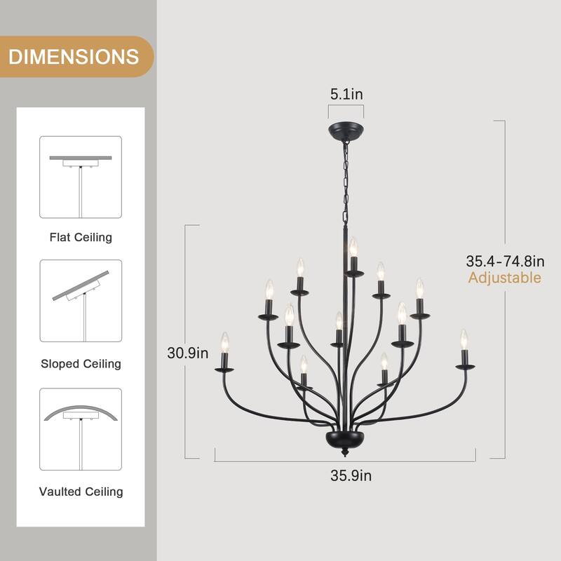 12-Light Candlestick Hanging Linear Chandelier Lighting 3-Tier Ceiling Light Fixture for Kitchen Island