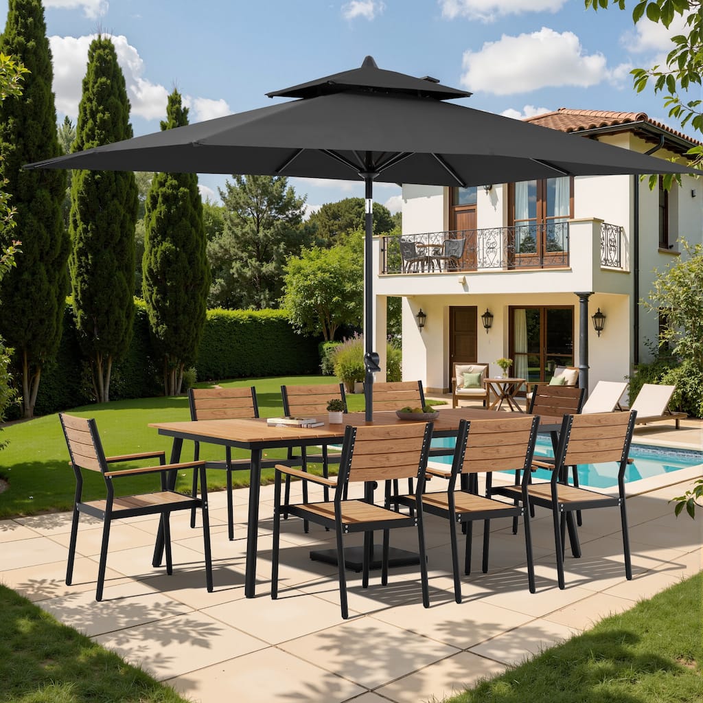 11-Piece Patio Dining Set w/10 ft Umbrella and Base, Rectangle Aluminum Table and 8 Stackable Chairs