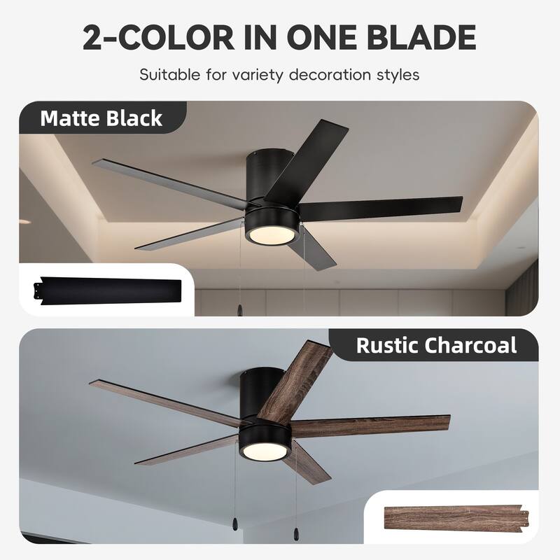 52 in. Indoor Flush Mount Ceiling Fan with 5 Blades & 18W 3CCT LED - 3 Finish Options, Pull Chain Control