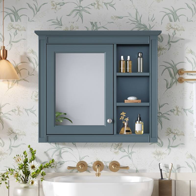 30" x 28" Medicine Cabinet, Wall Mounted Bathroom Storage Cabinet, Modern Bathroom Wall Cabinet, Mirror Cabinet with 3 Shelves - Blue