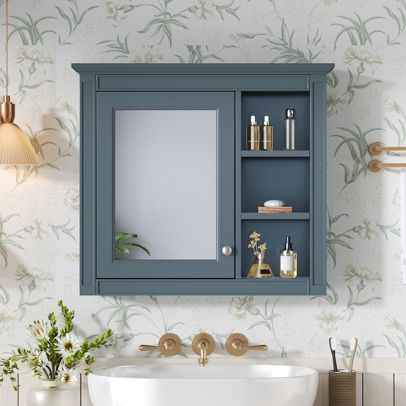 GDFStudio - Trellen Modern Wall-Mounted Bathroom Storage Cabinet with Mirror and 3 Open Shelves (No Bathroom Vanity) - 29.92"W - Indigo Blue