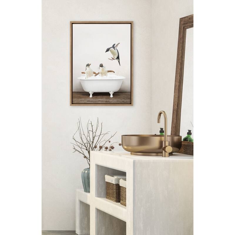 Kate and Laurel Sylvie Penguins Bath Framed Canvas by Amy Peterson
