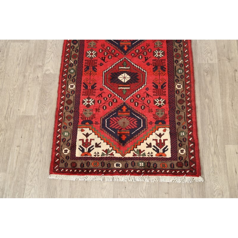 Geometric Persian Hamedan Area Rug Wool Hand-knotted Kitchen Carpet - 3'2" x 4'7"