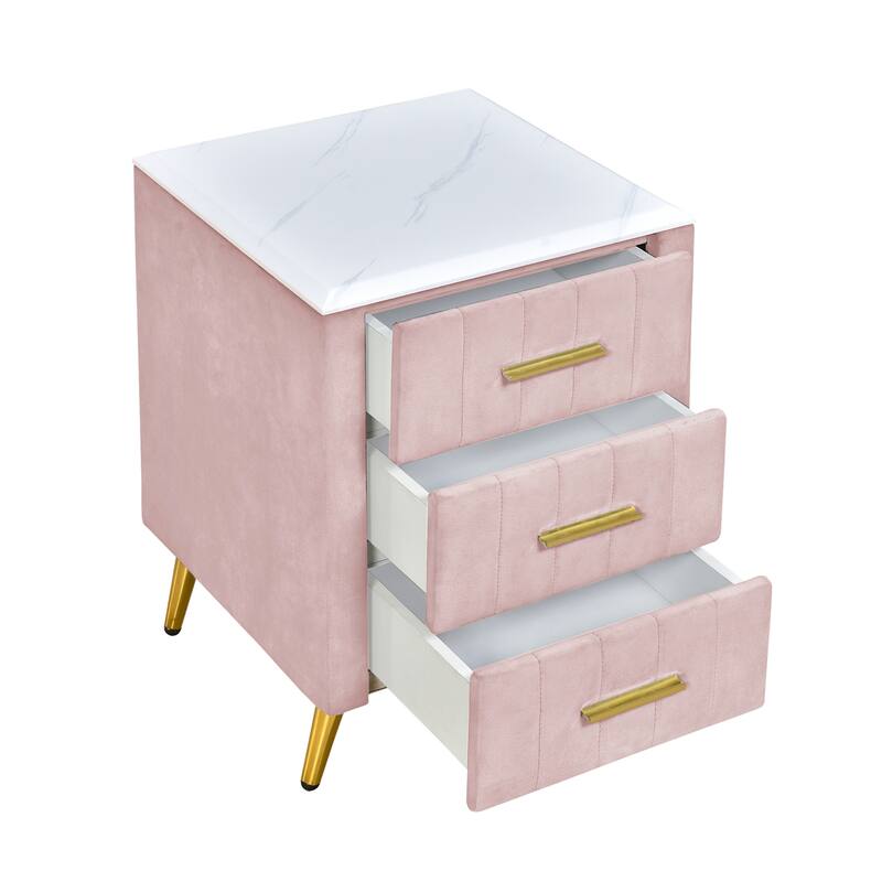Modern Upholstered Velvet Nightstand with 3 Drawers, Metal Handles & Marbling Top - Pink