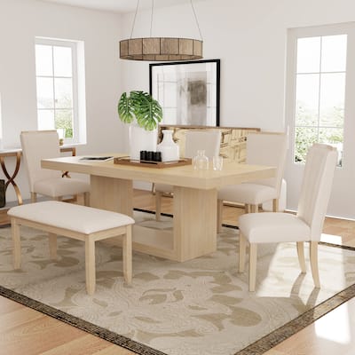6-Piece Extendable Pedestal Dining Table Set with Removable Leaf, Dining Bench and 4 Upholstered Dining Chairs for Kitchen