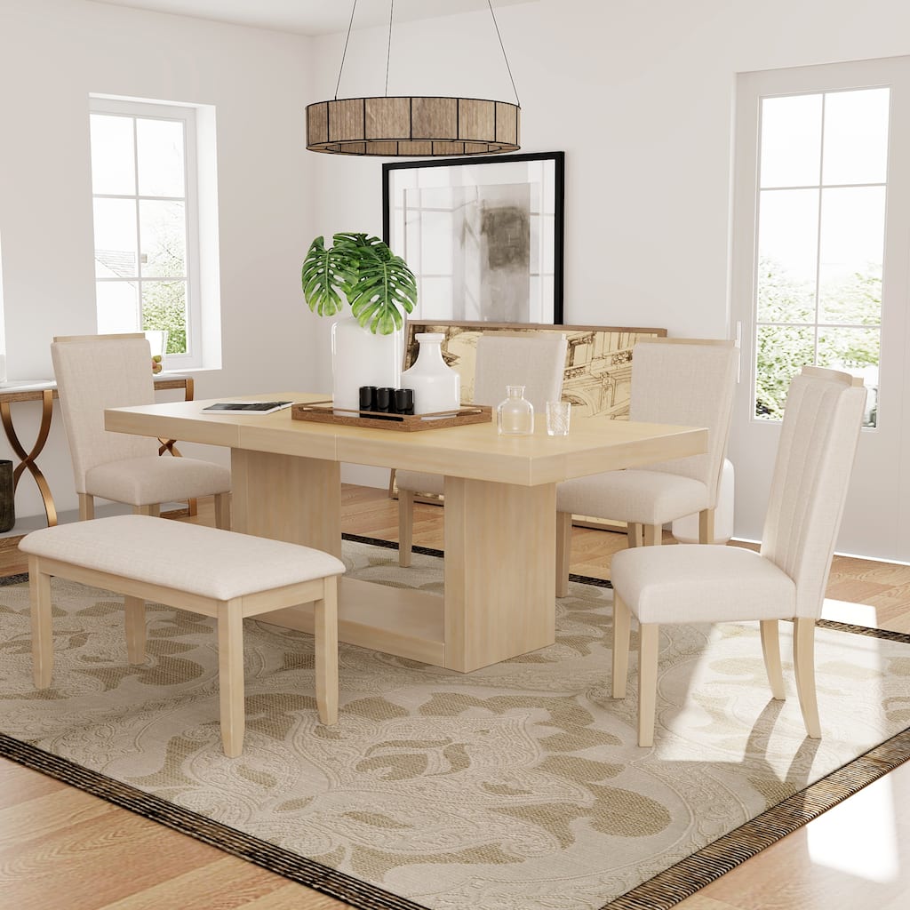 78" Dining Table Set for 6, Extendable Wood Table with 4 Upholstered Chairs & Bench, 6-Piece Dining Room Furniture Set