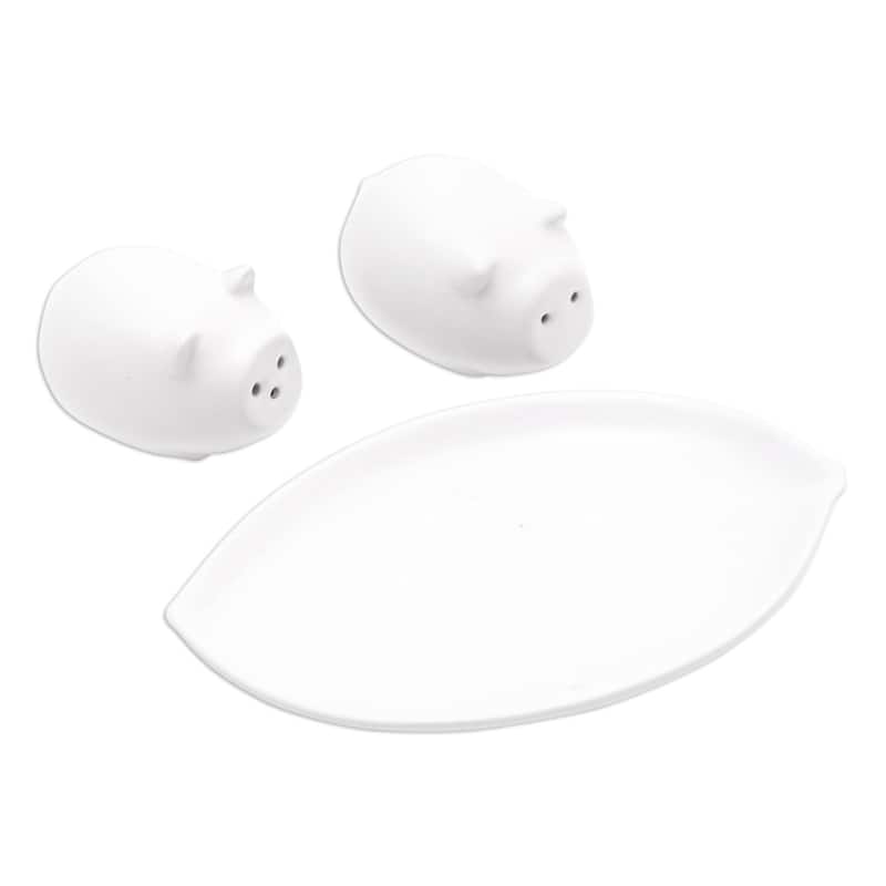 Novica Handmade Portly Pigs In White Ceramic Salt And Pepper Set