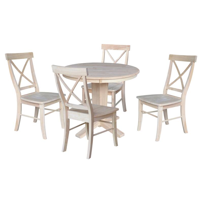 36" Solid Wood Round Top Pedestal Dining Table with Dining Chairs - 5-Piece - Unfinished