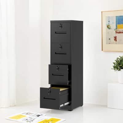 4-Drawer Black Metal File Cabinet with Lock