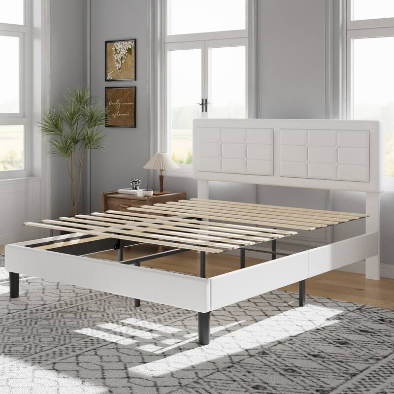 VECELO Bed Frame with Adjustable Headboard Upholstered Button Tufted Platform Bedframe with Wood Slats Support