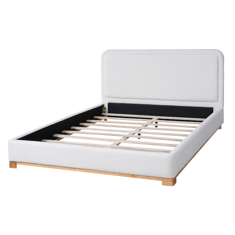 White Platform Bed Wingback Frame with Boucle Upholstered Curved Headboard, Solid Wood Base Low Profile Bed