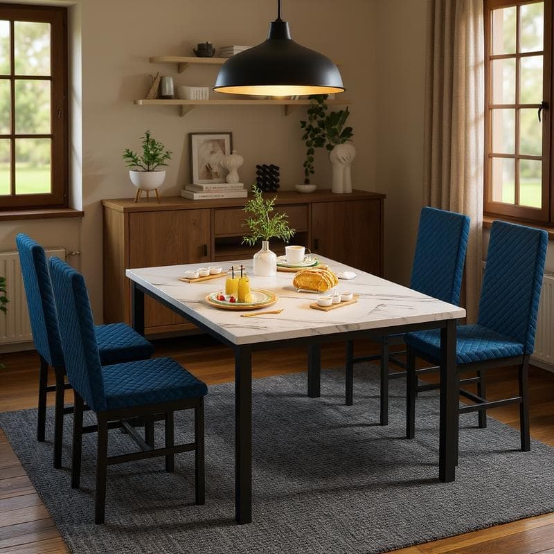 Grondin 5-Piece Dining Room Table Set with Faux Marble Table Top and Diamond Stitching Velvet Upholstery Dining Chairs