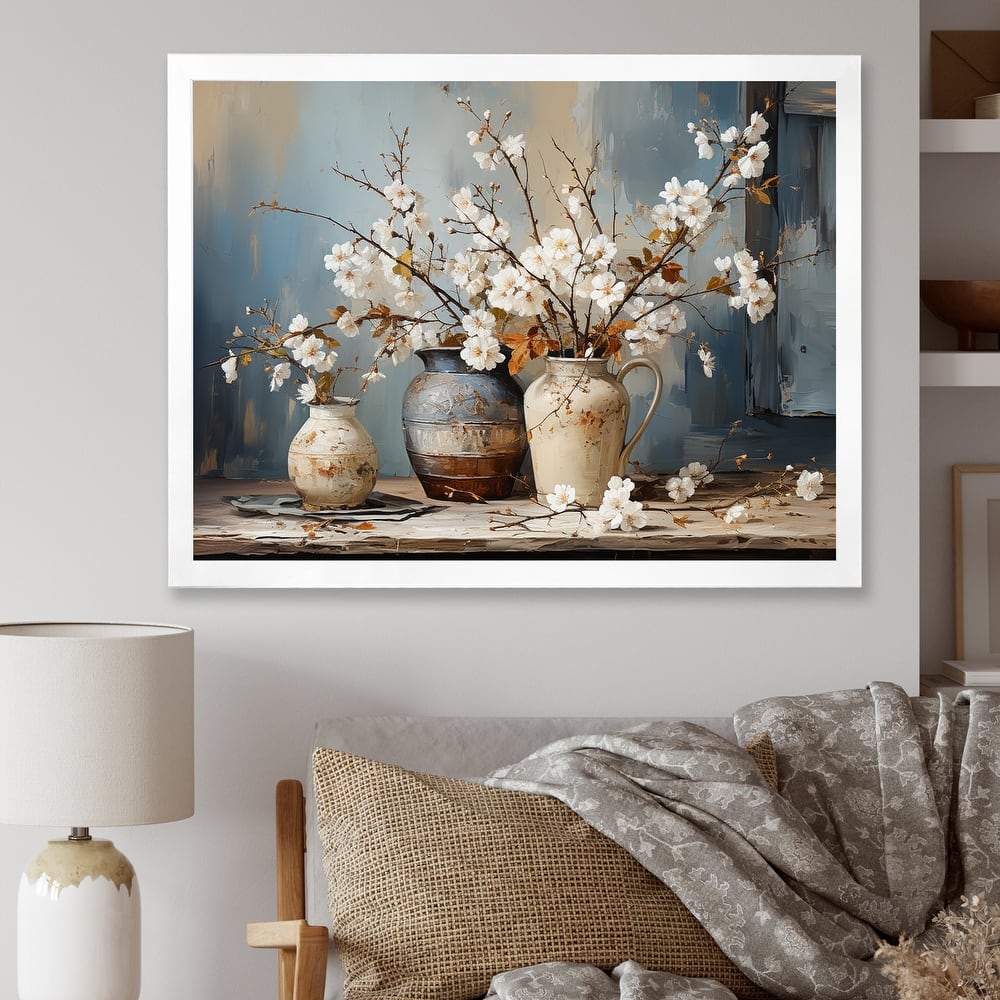 Designart "Pottery And Flowers Still Life I" Landscape Trees Framed Canvas Art Print