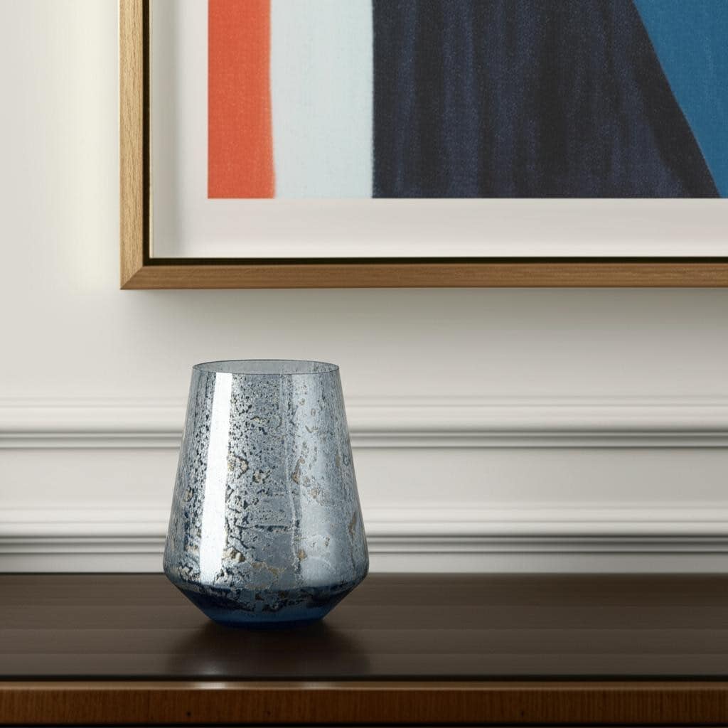 9" Blue Round Seeded Glass Table Vase - 7.28