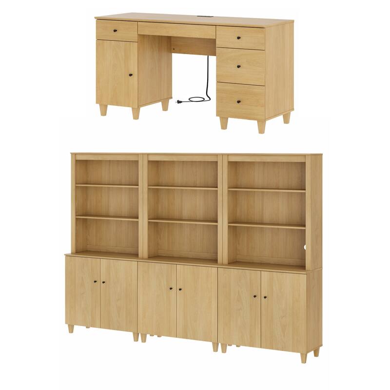WAMPAT Home Office Furniture Set, 58" Executive Desk with Cabinet, 3-Column 71" Tall Bookcase with Doors and Adjustable Shelves