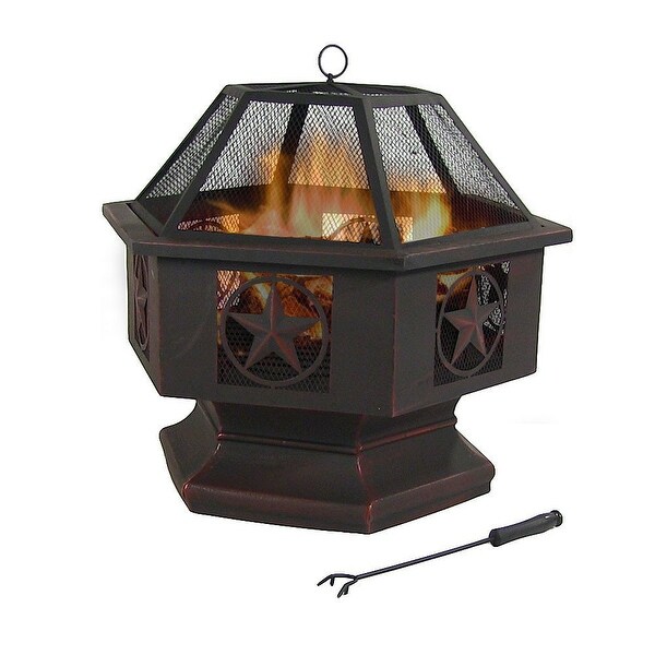 Sunnydaze 28 Inch Hexagon Six Star Fire Bowl with Spark Screen Sienna Finish