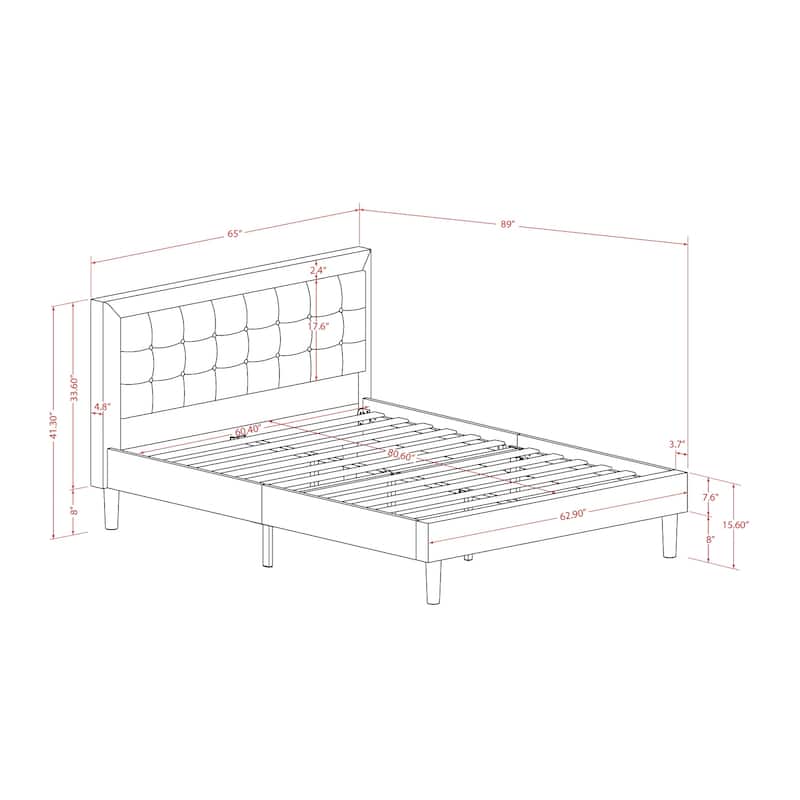 Queen Size Bed Platform Wood Frame - Linen Upholstered Headboard - Modern Bedroom Furniture