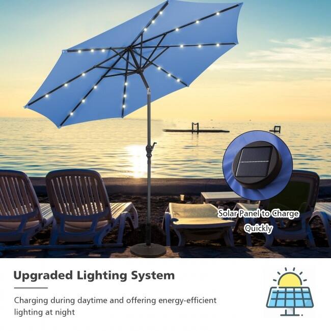 10FT Patio Solar Umbrella LED Patio Market Steel Tilt With Crank Outdoor New