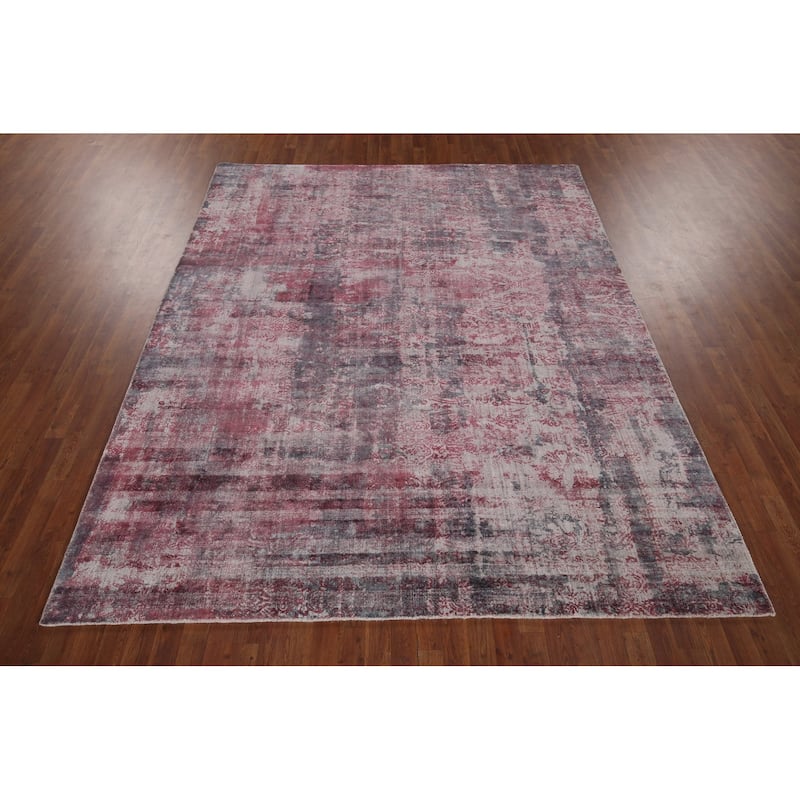 All-Over Red Gray Abstract Indian Area Rug Hand-Knotted Wool Carpet - 7'11"x 9'9"