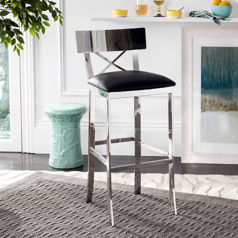 SAFAVIEH Ofelia 30 Inch Stainless Steel Cross Back Black Bar Stool - 17.5" x 18.8" x 39" - 18Wx19Dx39H - Chrome/Black Pu