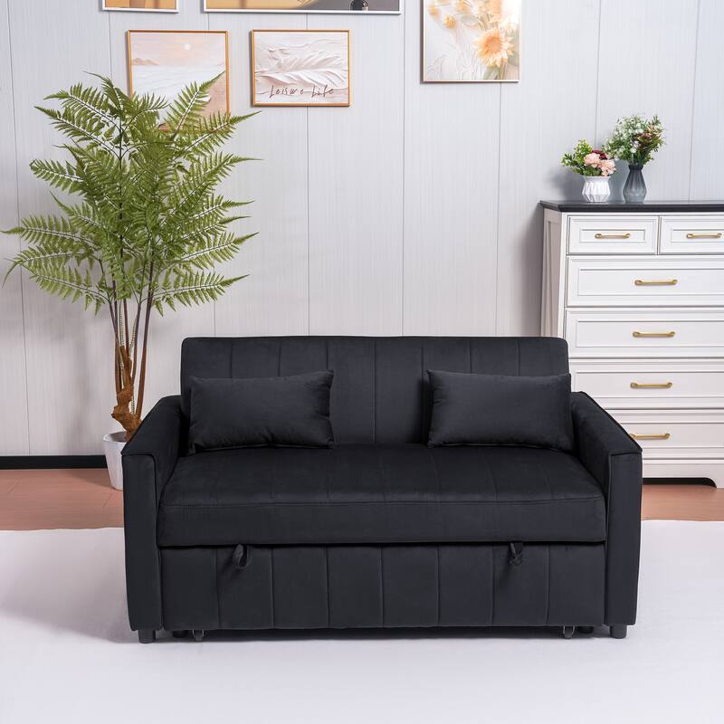 2 Seat Sleeper Sofa Bed, 3-in-1 Velvet Pull Out Couch w/ Adjustable Back, Square Armrest Sofa w/ 2 Pillows Storage Pockets