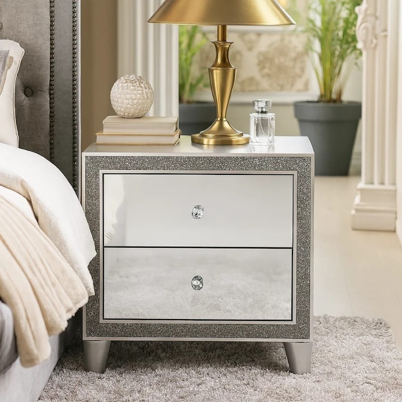 Nightstand with Mirrored Front 2 Drawers, Champagne Silver