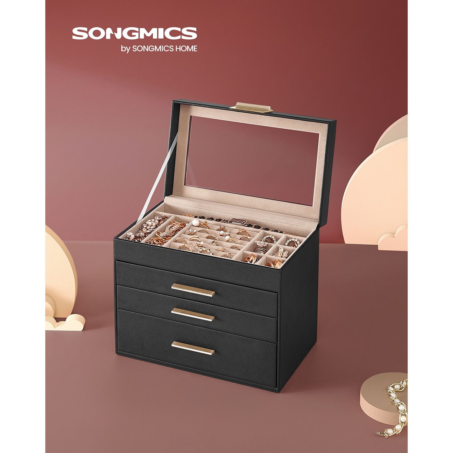 SONGMICS Jewelry Box with Glass Lid, 6-Layer Jewelry Organizer, 5 Drawers,  for Sunglasses, Big Jewelry, Jewelry Storage, Modern Style, Graphite Black