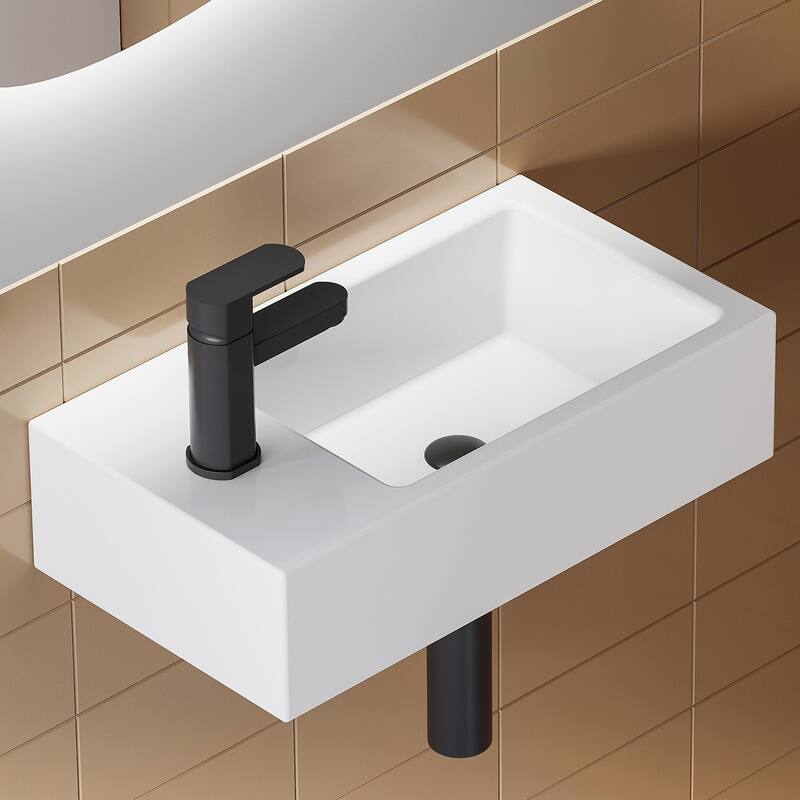HOROW 18" x10" Wall Mount Rectangle White Porcelain Ceramic Vessel Sink for Tiny Bathrooms (Left Hand) - Left