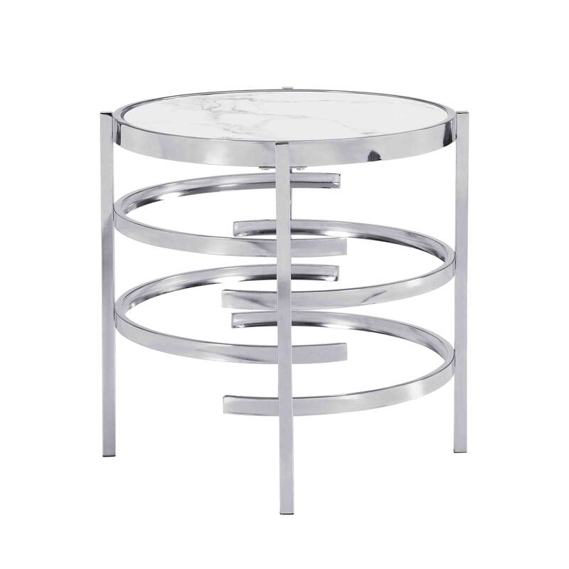 Modern Round End Table with Sintered Stone Top, Chrome/ Silver End Table for Living Room 20.67''W x 20.67''D x 21.65''H