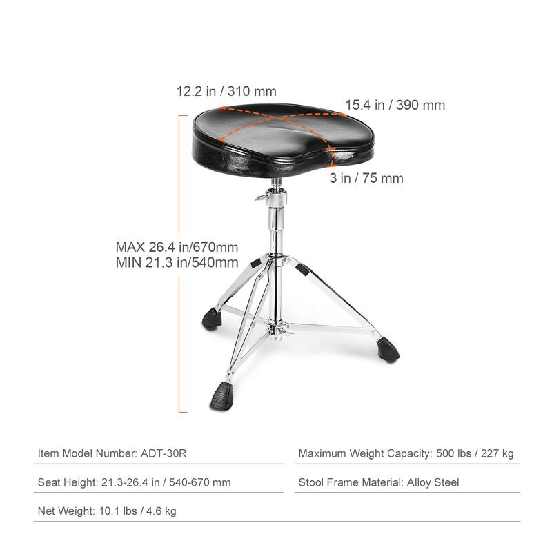 Drum Throne with Backrest ydraulic Saddle Padded Drum Stool Seat with Anti-Slip Feet Drumsticks