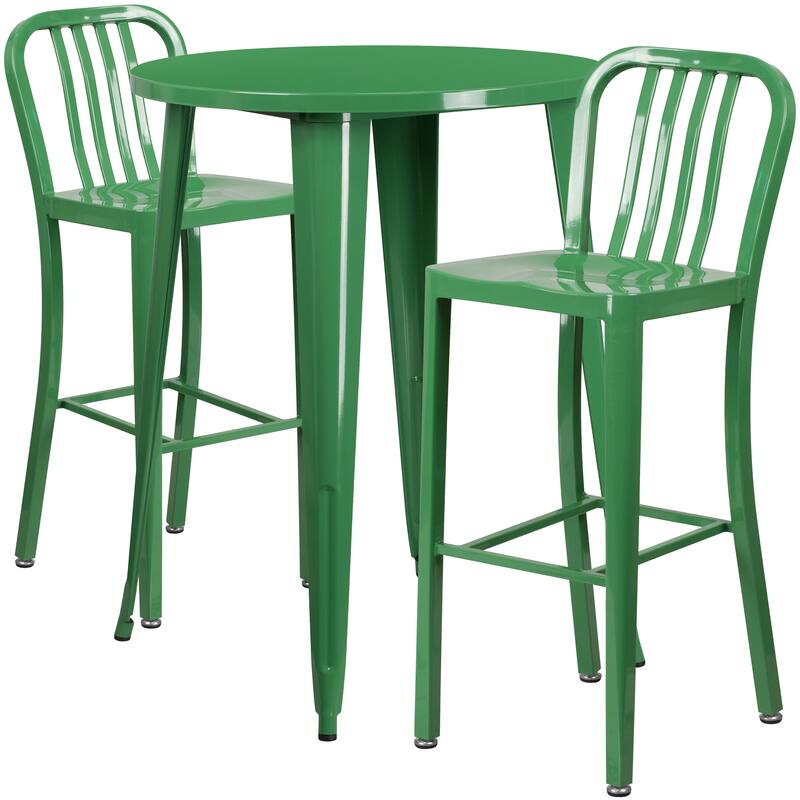 30'' Round Metal Indoor-Outdoor Bar Table Set with 2 Vertical Slat Back Stools - 30"W x 30"D x 41"H