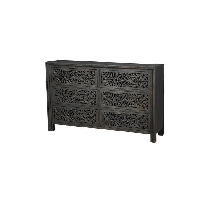 HomeRoots 57" Black Carved Scrollwork Solid Wood Six Drawer Dresser