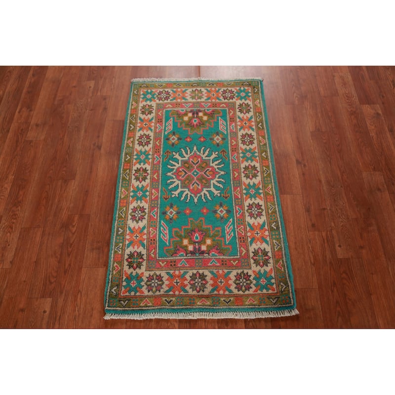 Turquoise Kazak Oriental Foyer Rug Hand-Knotted Wool Carpet - 2'0"x 3'0"