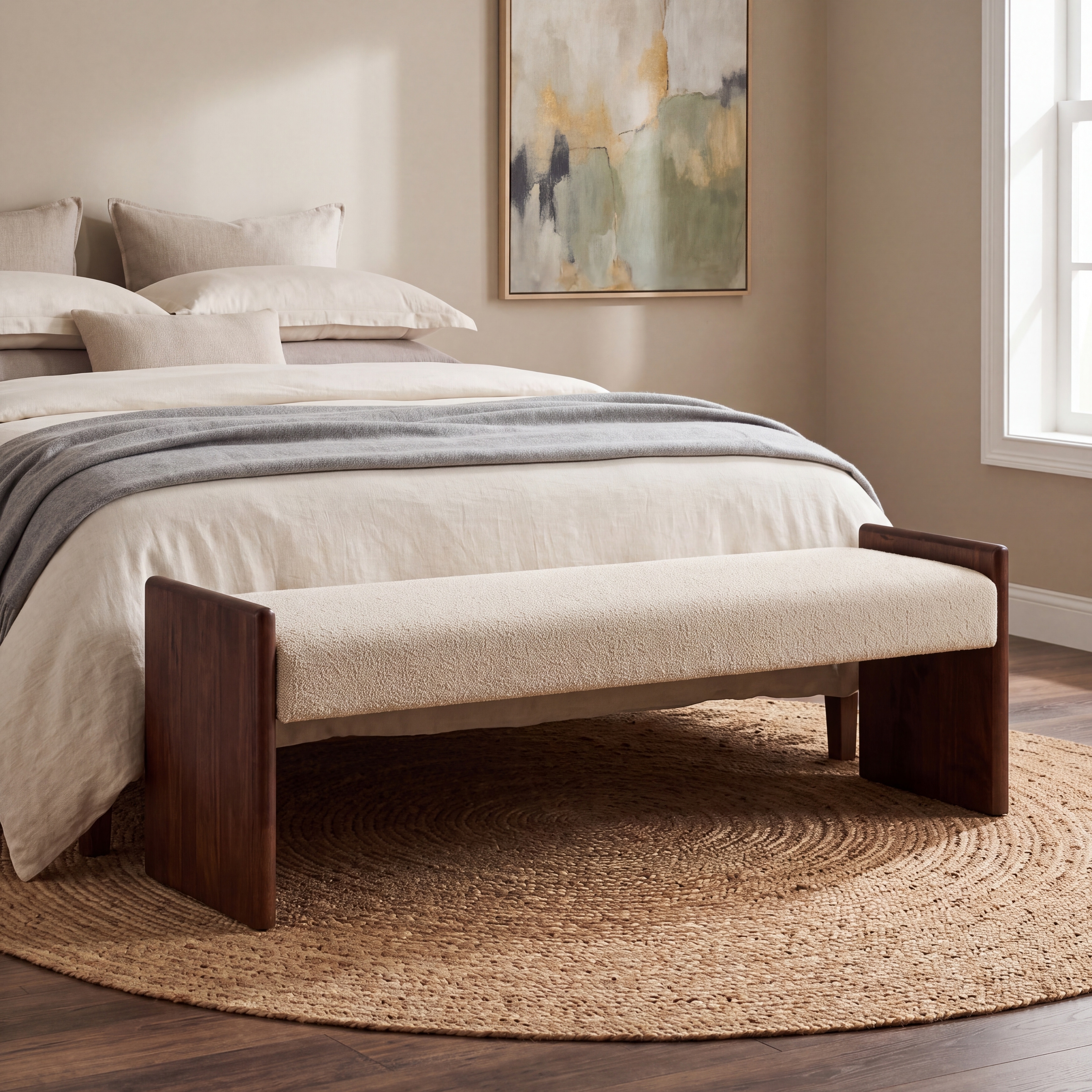 Christopher Knight Home - Modern Boucle Upholstery Ottoman Bench with U-Shaped & Wood Side Panel Frame