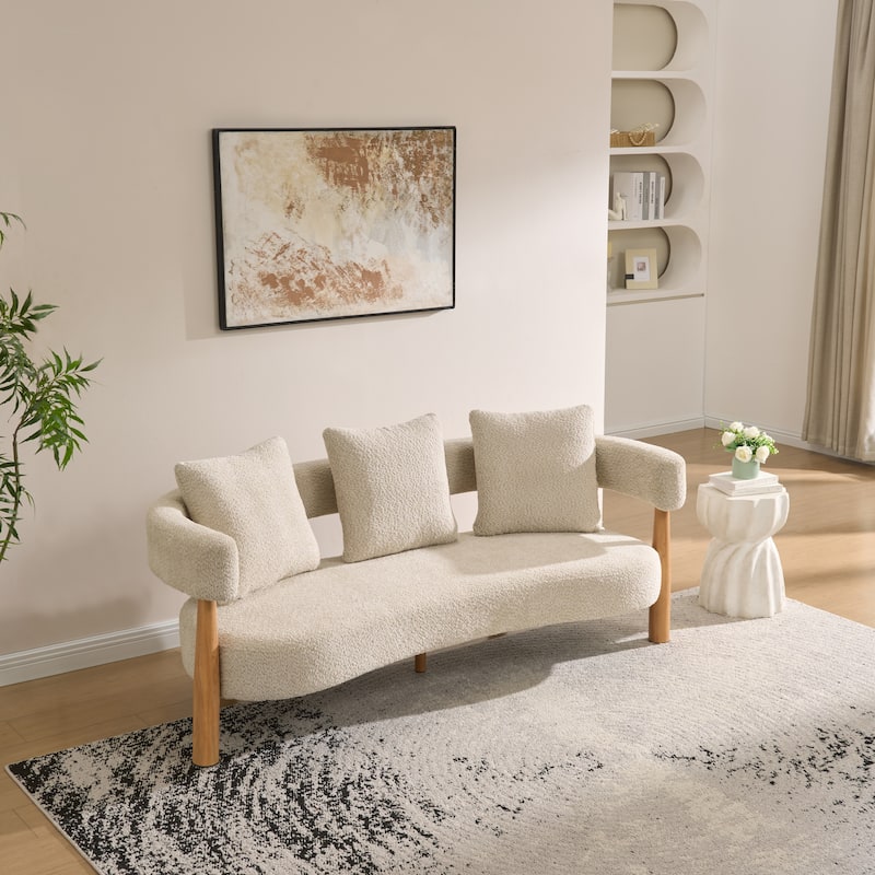 Luxe Modern Upholstered Curved 3-Seater Sofa with Wooden and Metal Legs - Light Gray