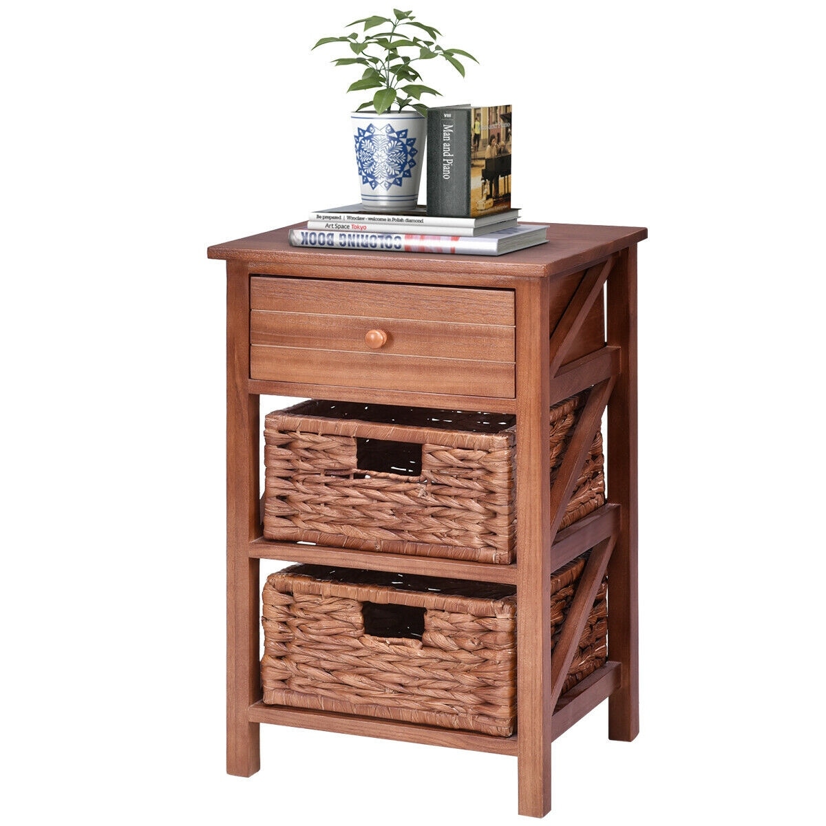 Shop Costway 3 Tiers Wood Nightstand 1 Drawer 2 Basket Bedside Table End Table Organizer Overstock 20489043