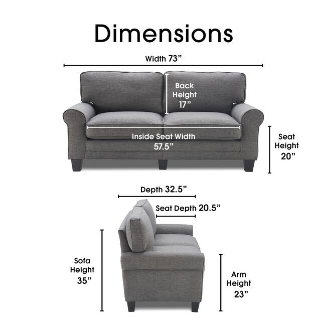 Serta Copenhagen 73" Sofa Couch for Two People, Pillowed Back Cushions and Rounded Arms, Durable Modern Upholstered Fabric