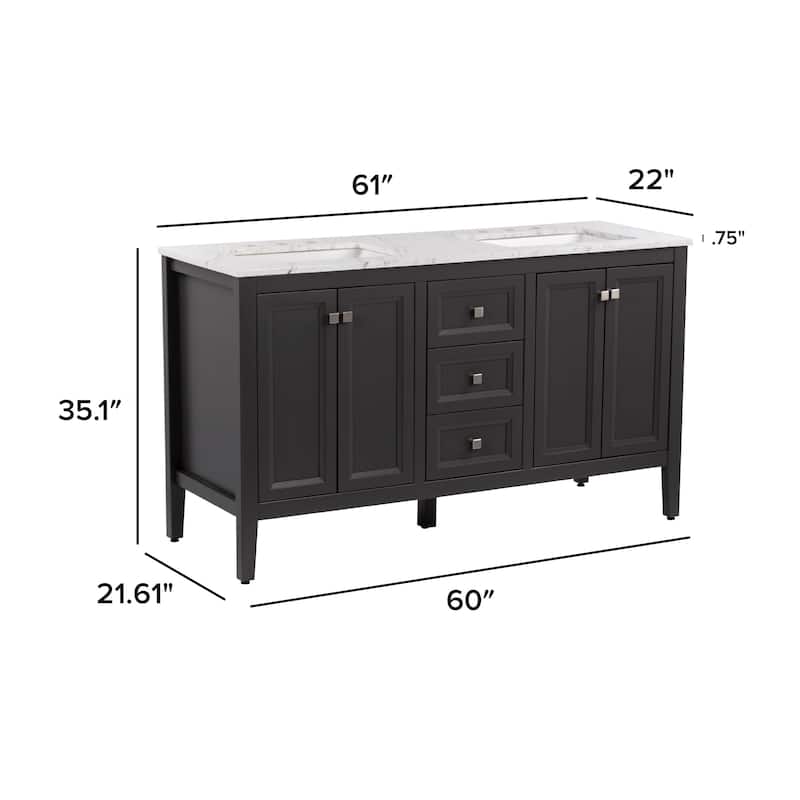 Cartland 61" Double-Sink Bathroom Vanity With 2 Cabinets, 3 Drawers, and Sink Top