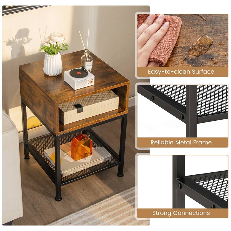 2 PCS 3-tier Wood Top End Table w/ Metal Frame Storage Cube & Mesh - See Details