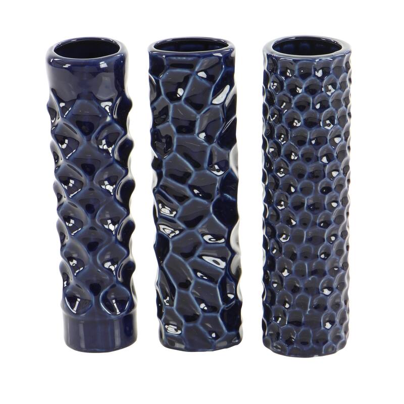 CosmoLiving by Cosmopolitan Sleek Ceramic Glam Vase with Varying Patterns (Set of 3) - Silver, Gold, Dark Blue, White
