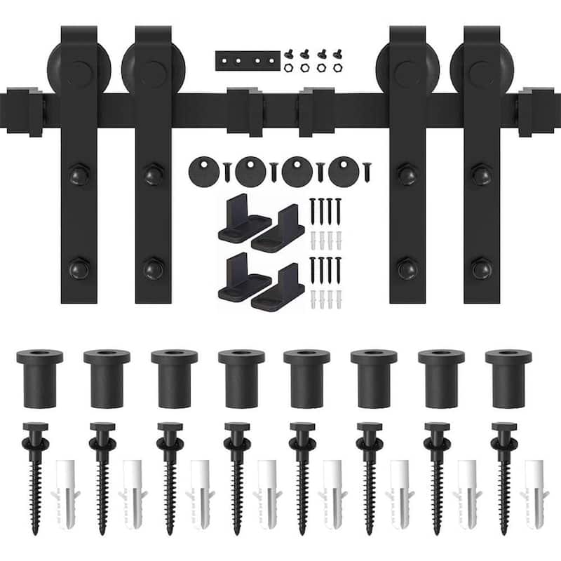4-14 FT Sliding Barn Door Hardware Track Kit for Double Doors J Style Rollers
