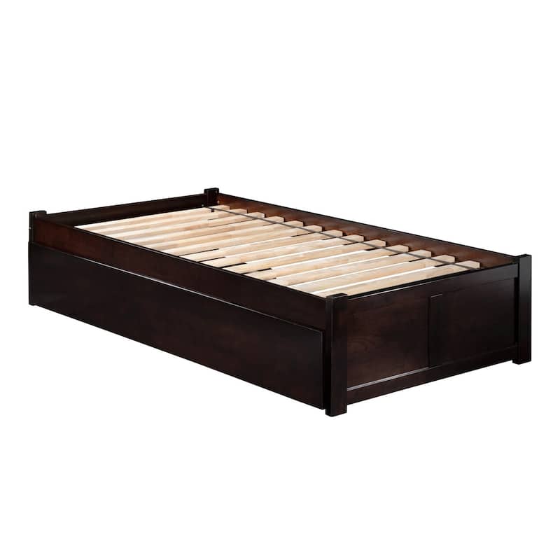 Twin Platform Bed with Trundle - Modern Style, Walnut Finish, Space Saving Design