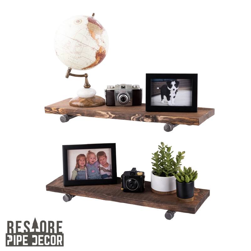 Restore Wood 24 in. Wall Shelf Straight Steel Pipe Brackets, Set of 2 - Trail Brown