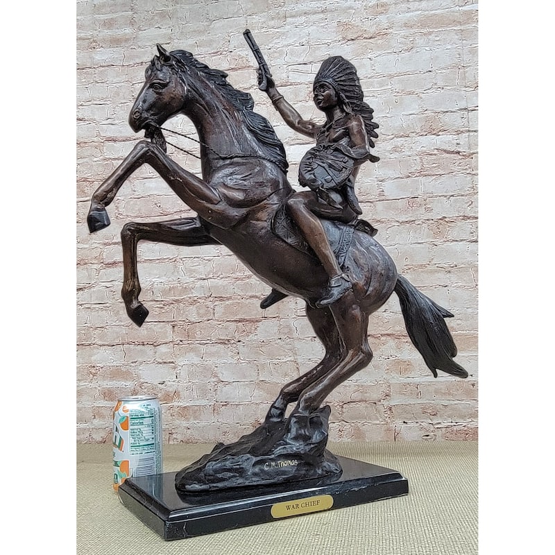 War Chief Native American Bronze Statue Sculpture Western Art Marble Base 24 Inches X 23 Inches