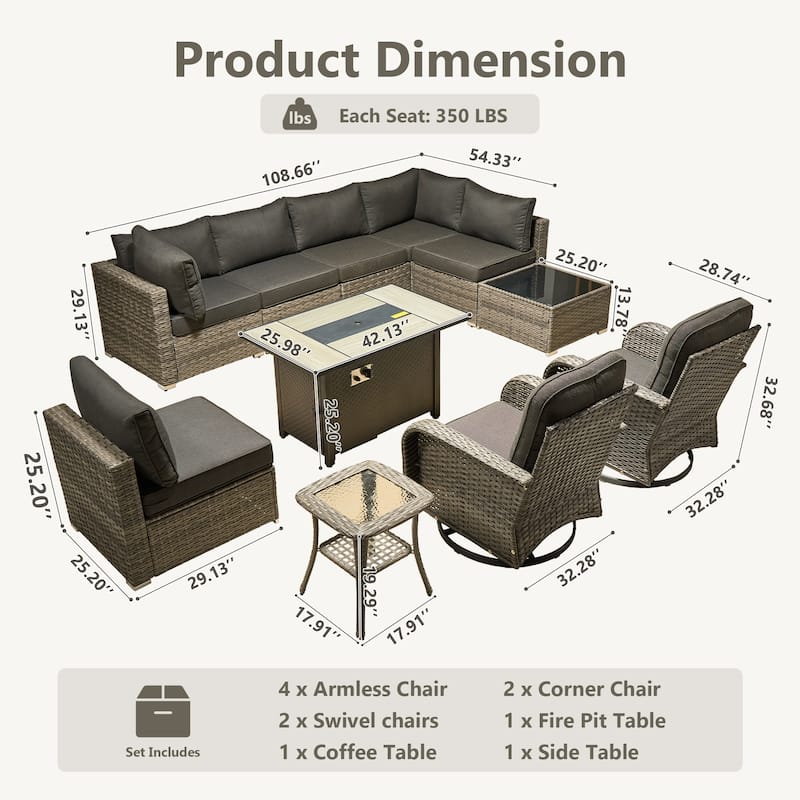 HOOOWOOO 11-piece Wicker Furniture Set Outdoor Sectional Sofa with Fire Pit