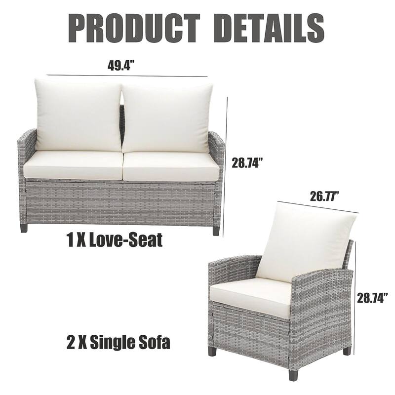 4-Piece Outdoor Wicker Patio Seating Sofa, 1 Love-seat and 2 Single Sofa