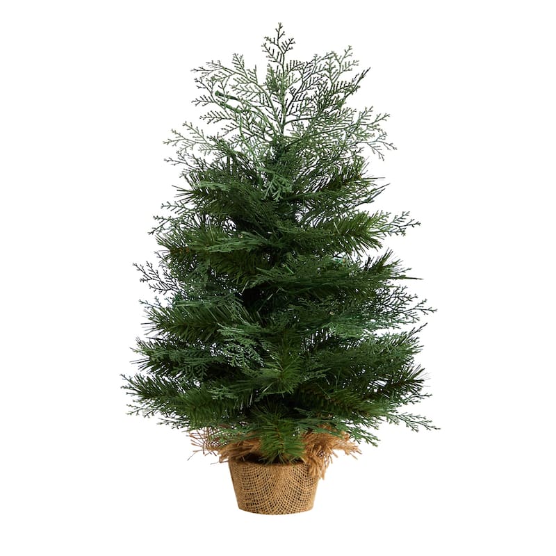 2ft. Artificial Christmas Tree in Burlap Base with 35 Warm White LED Lights - Petite Rustic Holiday X-Mas Decoration
