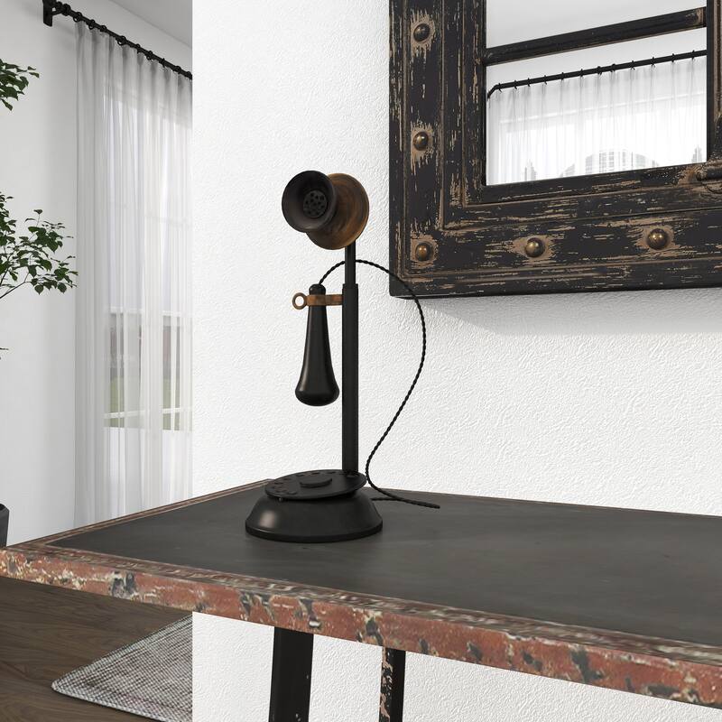 Black Metal Decorative Vintage Style Telephone Decorative Sculpture with Tiered Base and Coil Wire Detailing