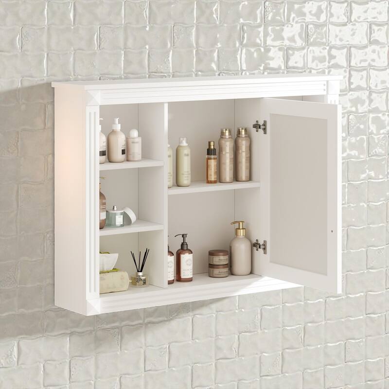 42 Inch Wall Mounted Bathroom Mirror Cabinet, Modern Medicine Cabinet with Mirror Doors and Open Shelves